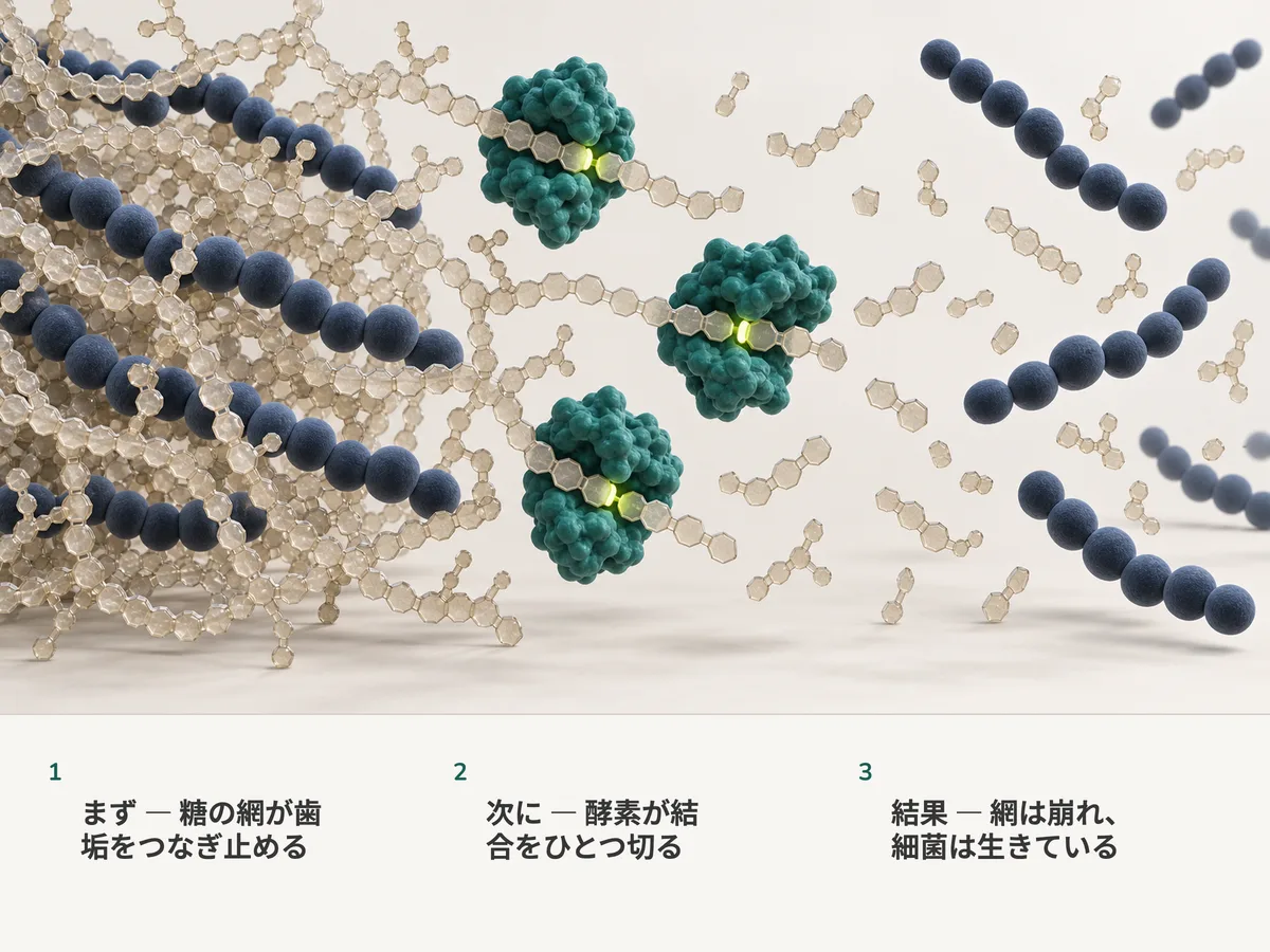 イラスト:糖の鎖の網に捕らえられた球菌の連なり。酵素タンパク質がライム色の点で鎖を切り、放たれた細菌は形を保ったまま漂い出す
