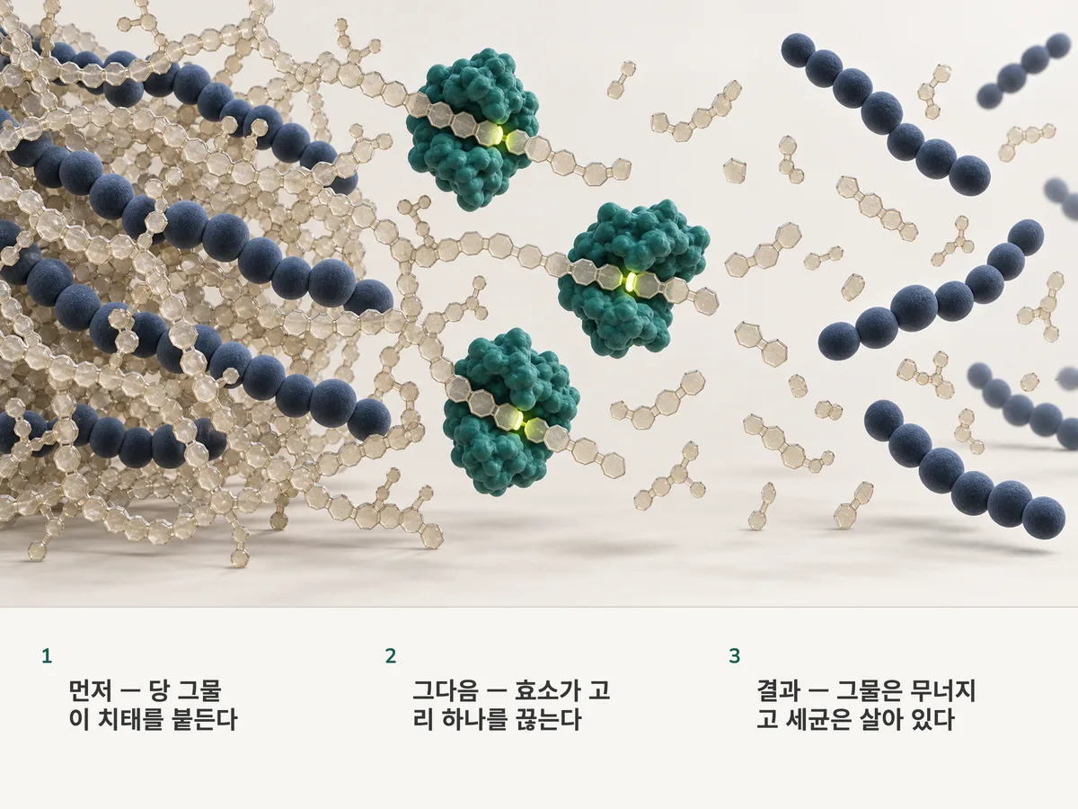 일러스트: 당 사슬 그물에 붙들린 둥근 세균 사슬들. 효소 단백질이 라임색 지점에서 사슬을 끊고, 풀려난 세균은 멀쩡한 채 흩어진다