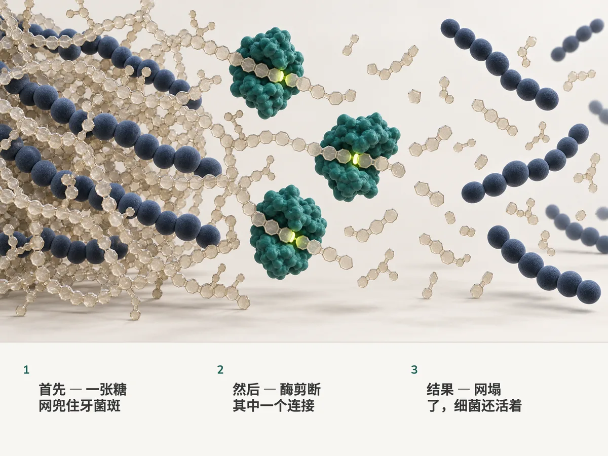 插图:一串串圆形细菌被糖链织成的网兜住;酶蛋白在青柠色的位置剪断糖链,被放开的细菌飘散开,仍然完好