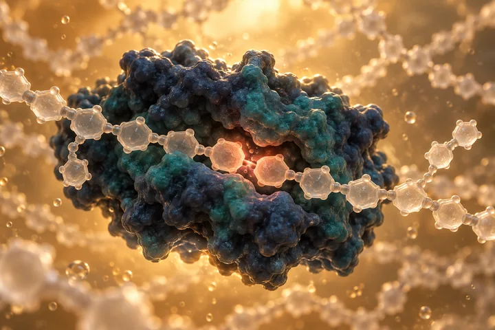 Illustration: a folded enzyme protein holds a sugar chain in its groove and cuts one link, marked coral, in warm backlight
