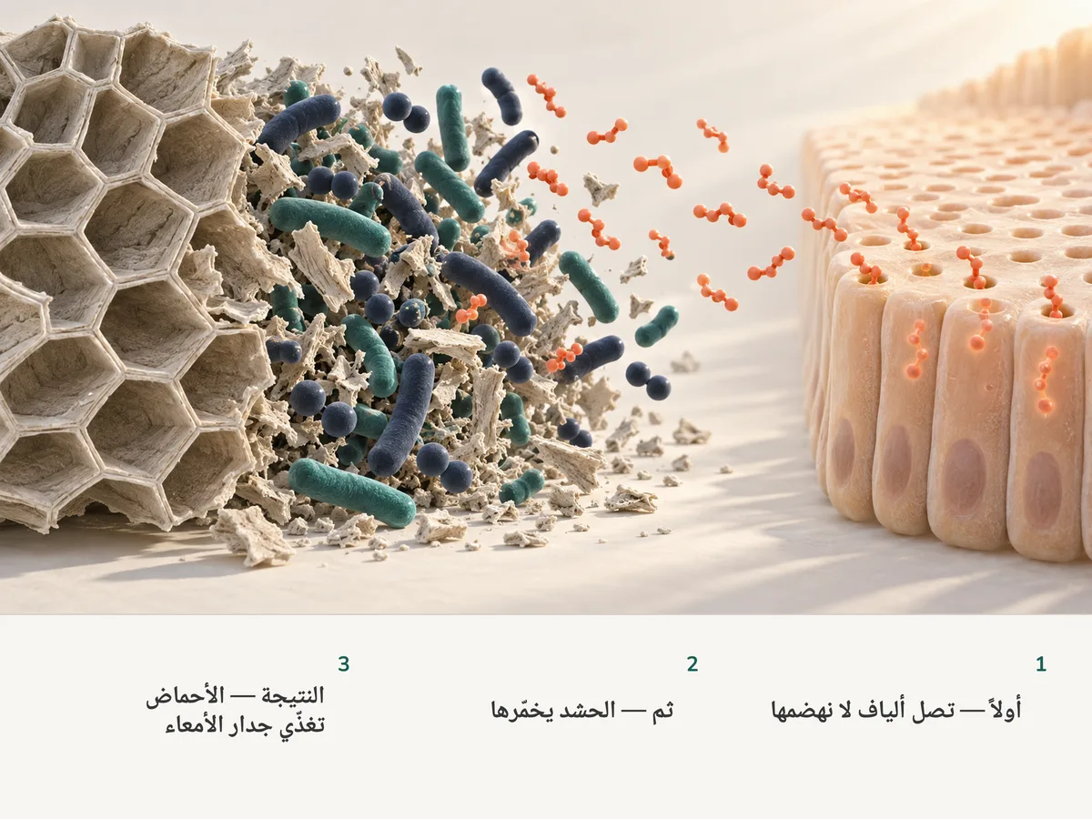 رسم توضيحي: ألياف نباتية تصل إلى القولون، والبكتيريا تخمّرها، وجزيئات أحماض دهنية قصيرة السلسلة بلون مرجاني تعبر إلى خلايا بطانة الأمعاء