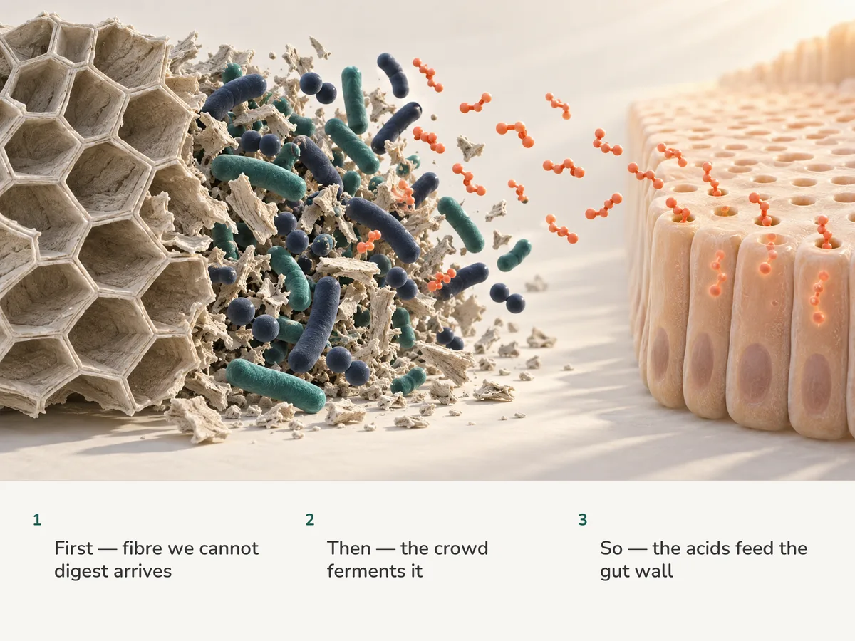 Illustration: plant fibre reaches the colon, bacteria ferment it, and coral short-chain fatty acid molecules pass into the cells of the gut lining