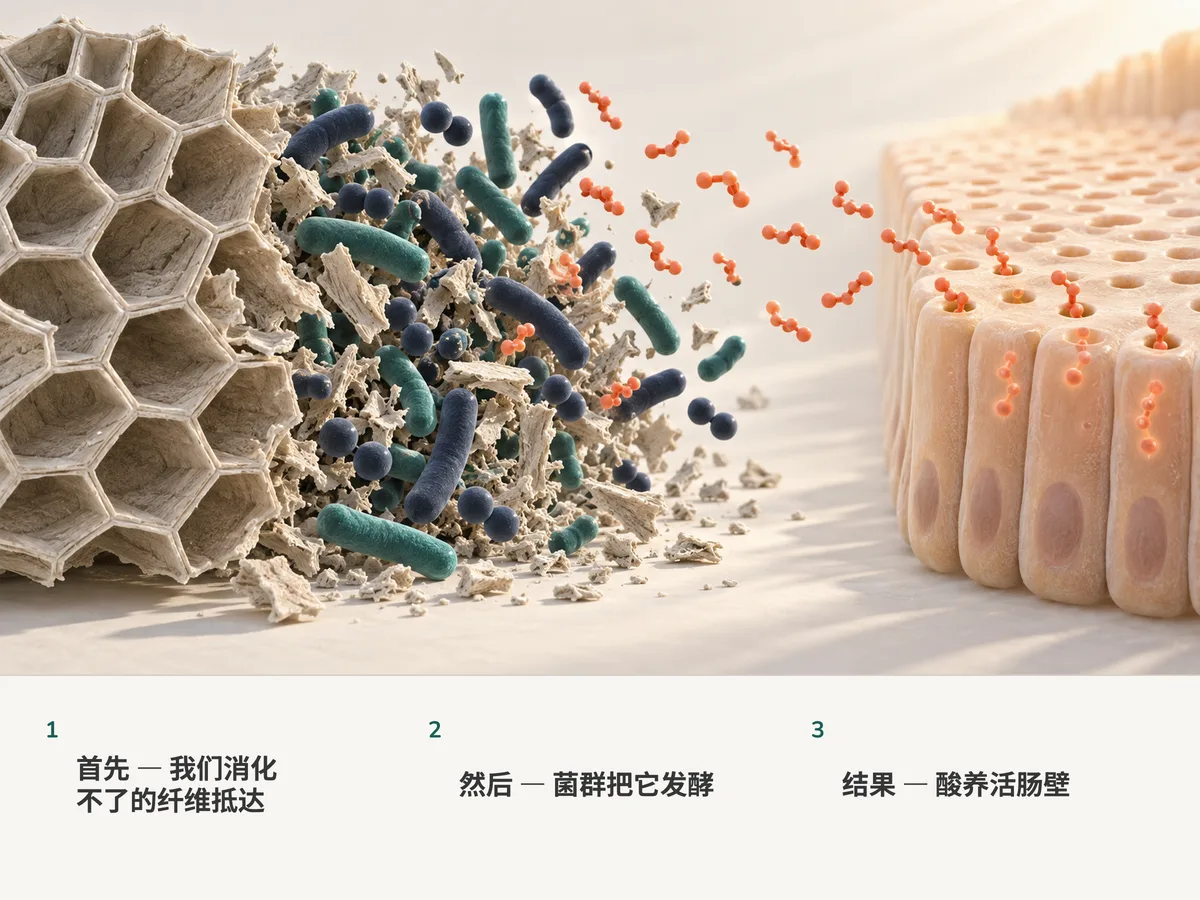插图：植物纤维抵达结肠，细菌将其发酵，珊瑚色的短链脂肪酸分子进入肠道黏膜细胞
