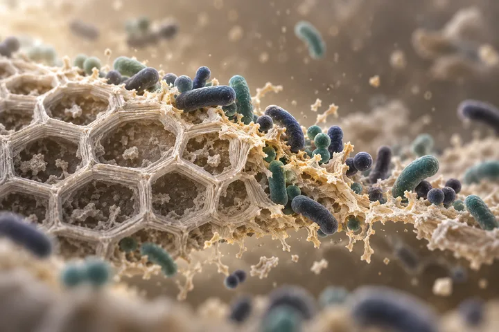 Illustration: a mixed crowd of rod-shaped and round gut bacteria feeding on a fragment of plant fibre, its frayed edge gold