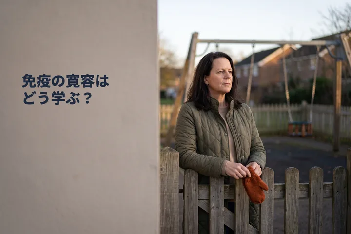免疫の寛容はどう学ぶ？ — 夕方の低い日差しの中、女性が誰もいない公園の門の前で足を止める