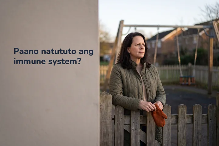 Paano natututo ang immune system? — huminto ang isang babae sa tarangkahan ng walang taong palaruan sa hapon