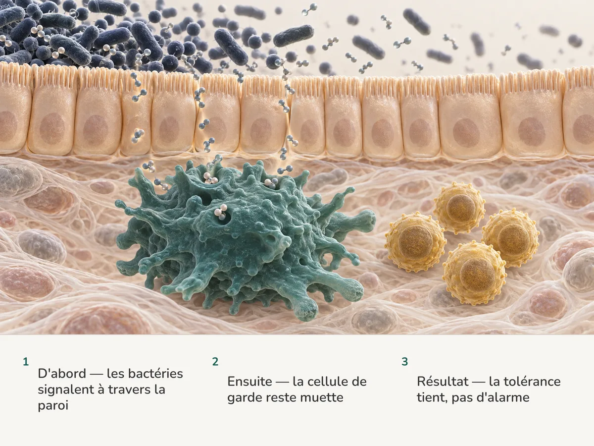 Illustration : au-dessus de la muqueuse intestinale épaisse d'une seule cellule, des bactéries libèrent de petites molécules ; en dessous, un macrophage les absorbe et reste calme auprès de lymphocytes T régulateurs dorés
