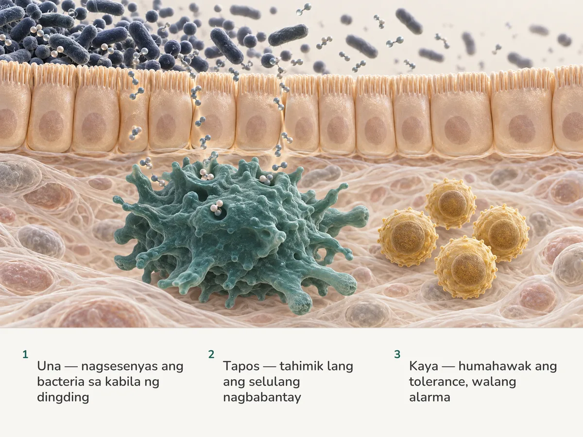 Ilustrasyon: naglalabas ng maliliit na molekula ang bacteria sa ibabaw ng manipis na lining ng bituka; sinisipsip ito ng macrophage sa ilalim at nananatiling kalmado katabi ng gintong regulatory T cells