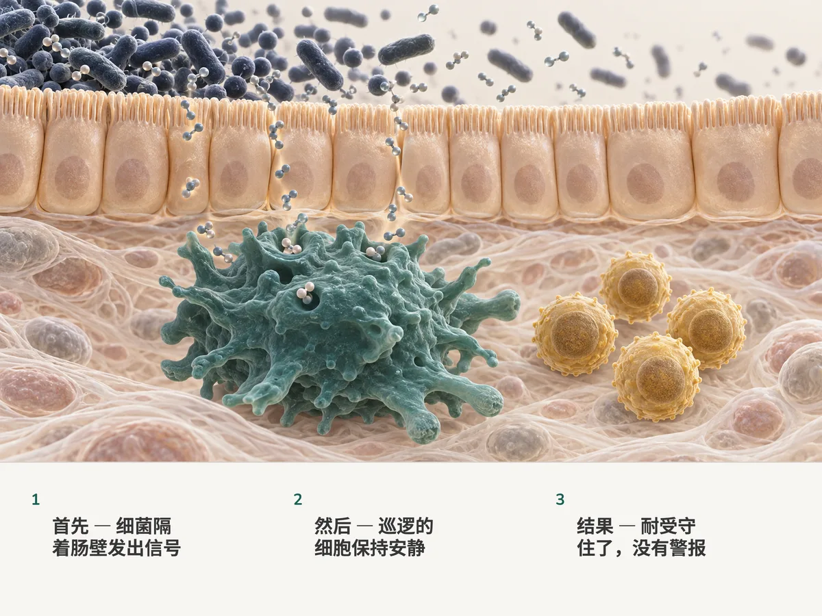 插图:只有一层细胞厚的肠黏膜之上,细菌释放出小分子;下方的巨噬细胞把它们吞进去,安静地待在金色的调节性 T 细胞旁边