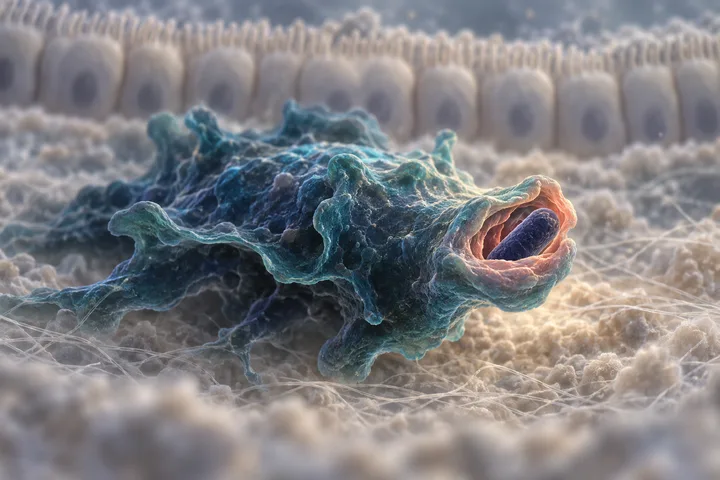 Illustration: a macrophage under the gut lining curls a coral arm around one rod-shaped bacterium in a warm spot of light