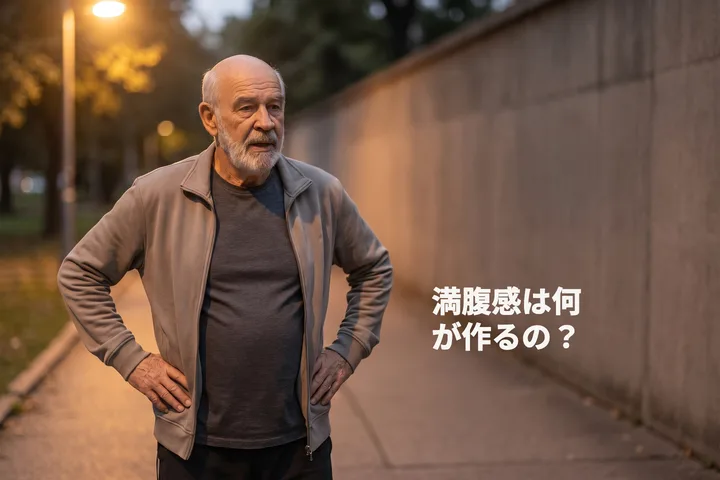 満腹感は何が作るの? — 夕暮れ、男性が公園のはずれで足を止めて息を整える