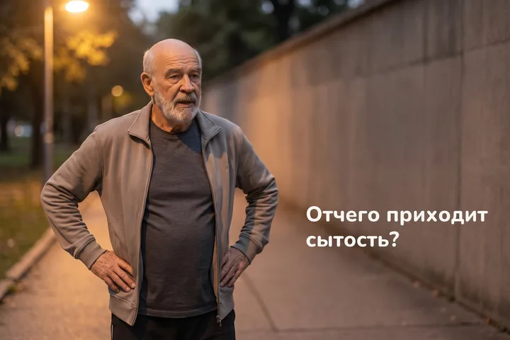 Отчего приходит сытость? — мужчина остановился на краю парка в сумерках, чтобы отдышаться