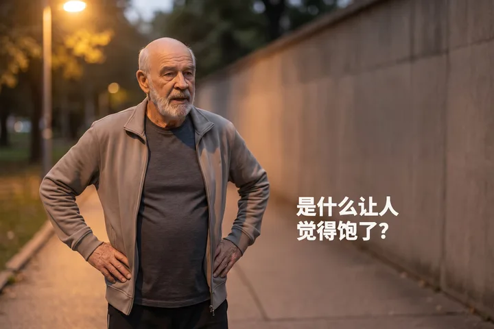 是什么让人觉得饱了? — 黄昏时分,一位男性在公园边缘停下来喘口气