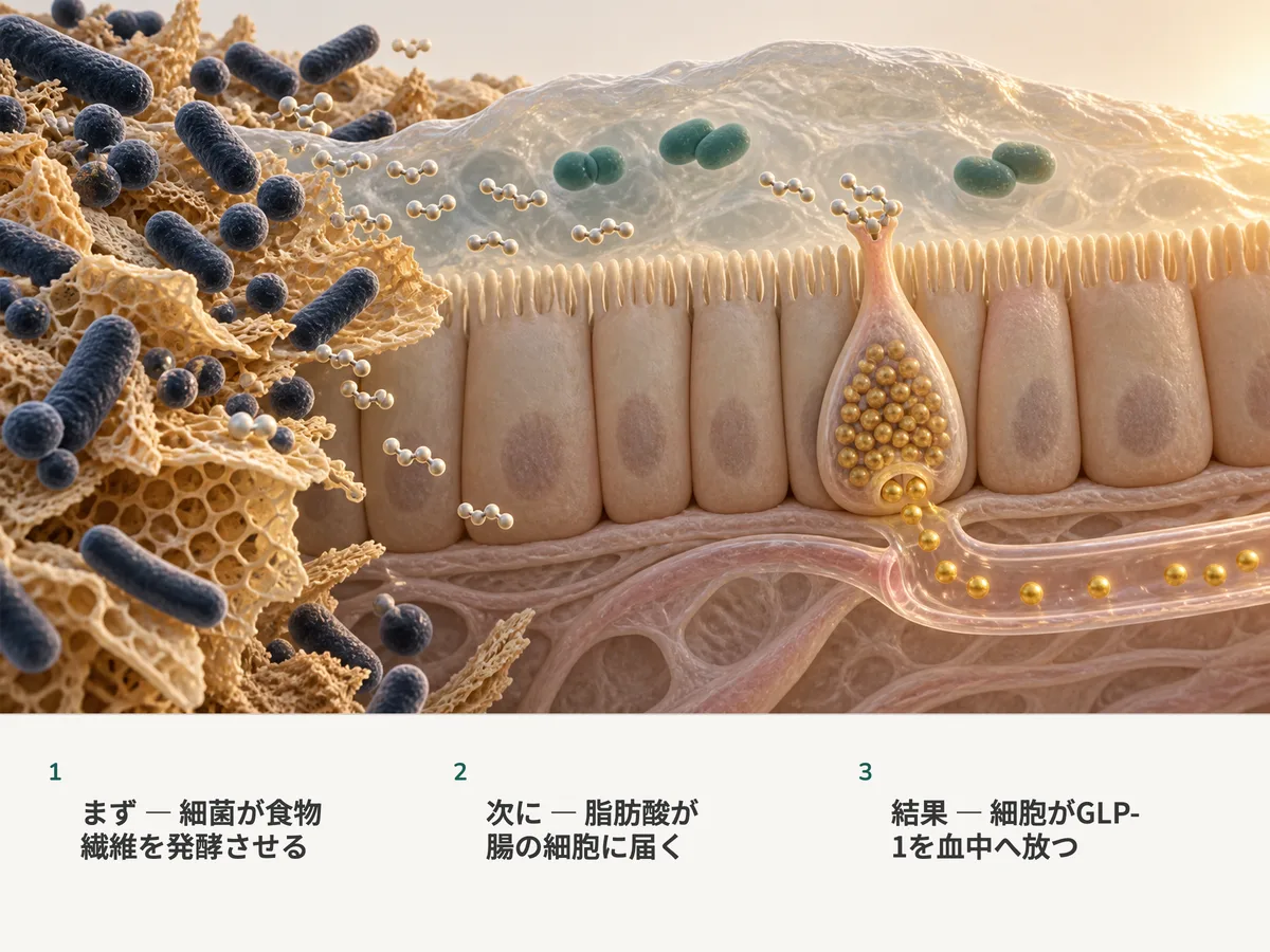 イラスト：細菌が食物繊維を発酵させて脂肪酸の分子に変え、それが腸粘膜のホルモン細胞に結合し、細胞は金色のGLP-1の顆粒を細い血管へ放つ