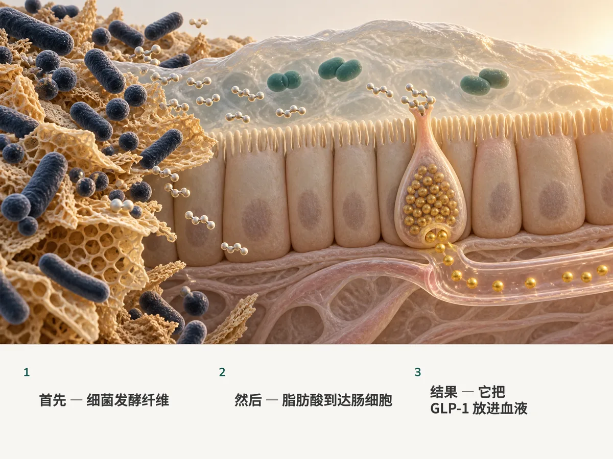 插图:细菌把纤维发酵成脂肪酸分子,分子停靠在肠黏膜的激素细胞上;细胞把金色的 GLP-1 颗粒释放进一根小血管