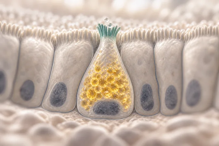 Illustration: a flask-shaped hormone cell in the gut lining holds glowing gold GLP-1 granules as fatty acid molecules settle on its tip