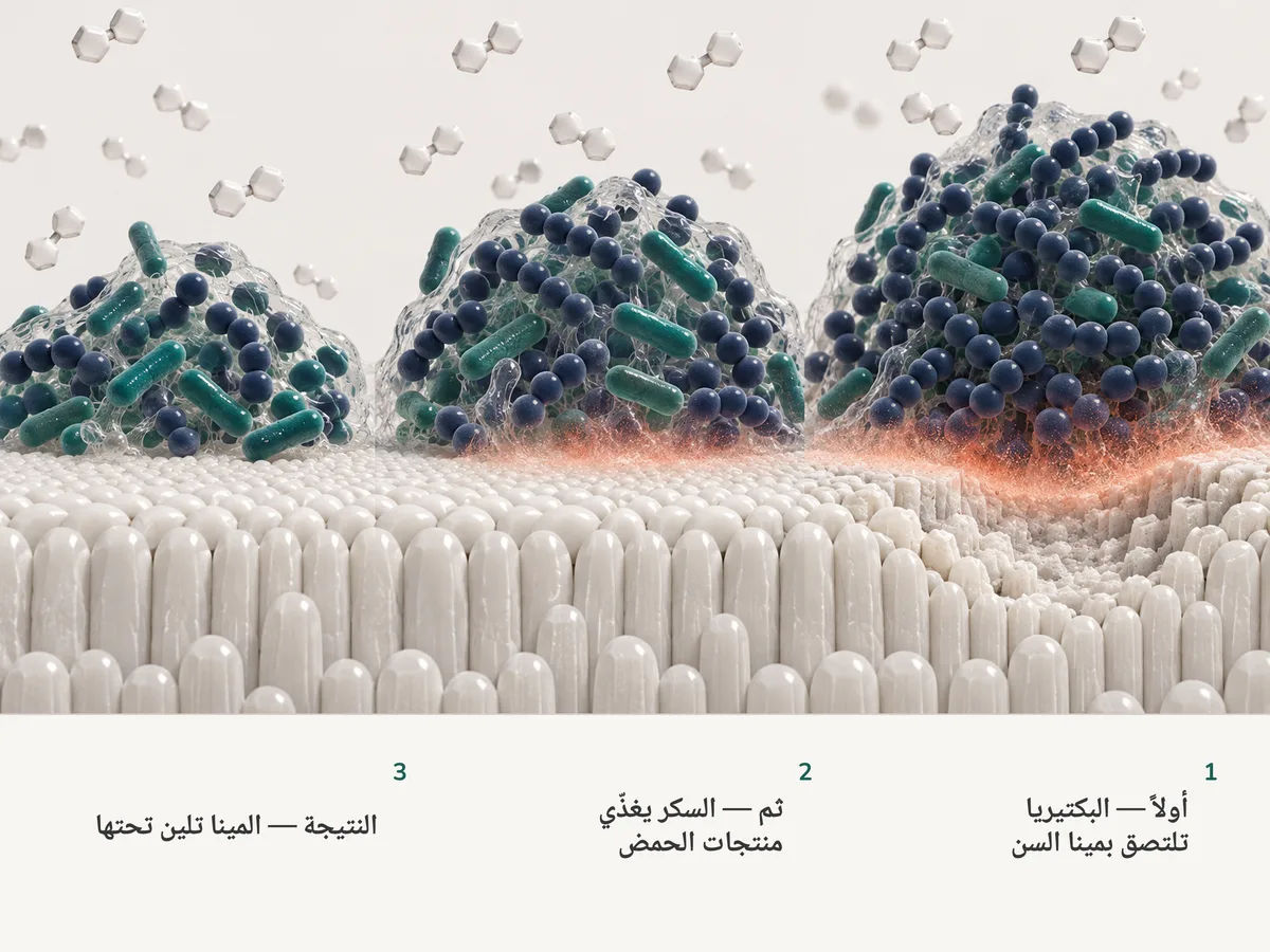 رسم توضيحي: السكر يصل تباعاً إلى ركام لويحة على مينا السن، فتسود البكتيريا المستديرة المنتجة للحمض، وتُليّن غلالة حمضية مرجانية المينا تحتها