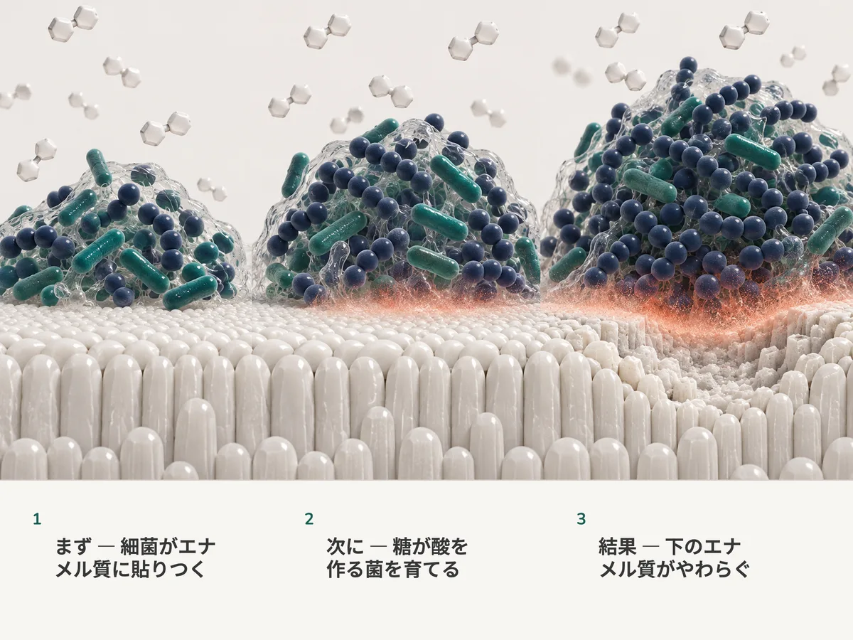 イラスト:エナメル質の歯垢の小山へ糖が届きつづけ、酸を作る球菌が優勢になり、珊瑚色の酸のもやが下のエナメル質をやわらげていく