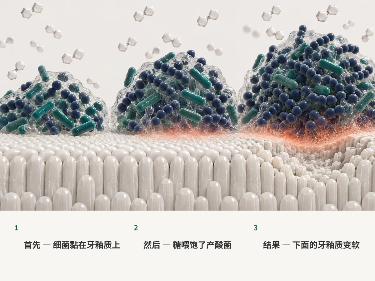 插图：糖不断抵达牙釉质上的菌斑小丘，产酸的圆形细菌占了上风，珊瑚色的酸雾把下面的牙釉质泡软