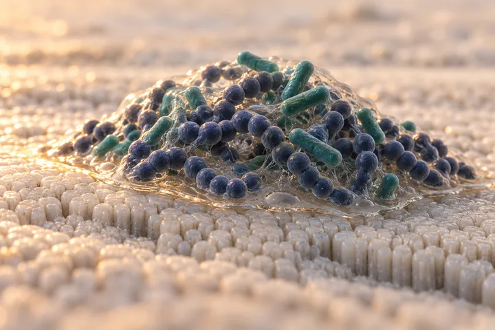 Illustration: a young mound of round bacteria in short chains on tooth enamel, wrapped in a glossy sugar gel with a gold rim