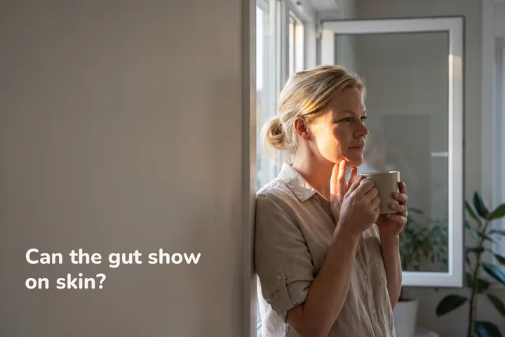 Can the gut show on skin? — a woman at a sunlit window in the morning, fingertips resting at her jaw