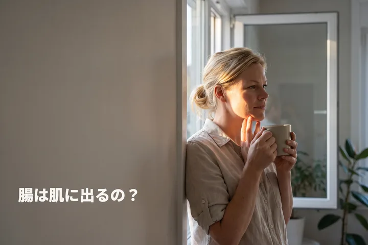 腸は肌に出るの? — 朝、日の差す窓辺で女性が指先をあごに添えている