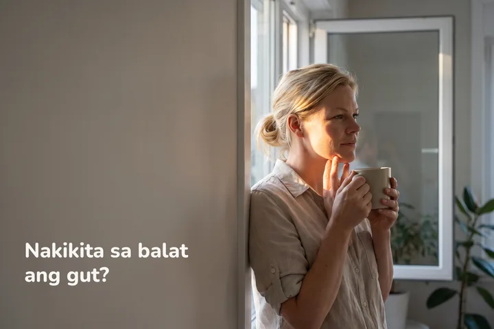 Nakikita sa balat ang gut? — isang babae sa may bintanang sinisikatan ng araw sa umaga, nakadantay ang mga daliri sa panga