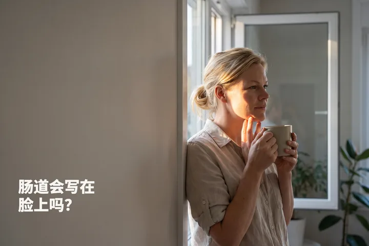 肠道会写在脸上吗？ — 早晨，一位女性站在洒满阳光的窗边，指尖轻搭在下颌