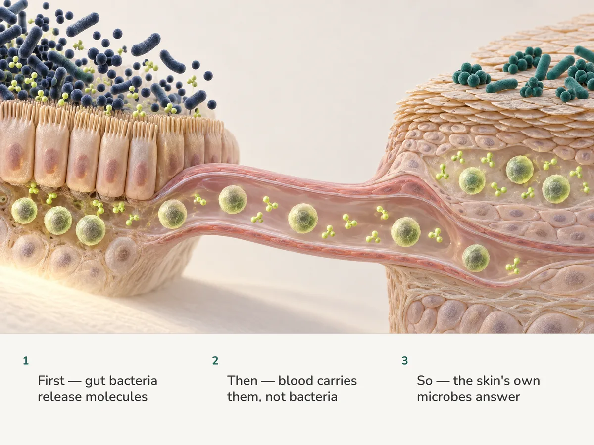 Illustration: gut bacteria stay put while lime molecules and immune cells from the gut lining travel in the bloodstream to the skin surface and its own microbes