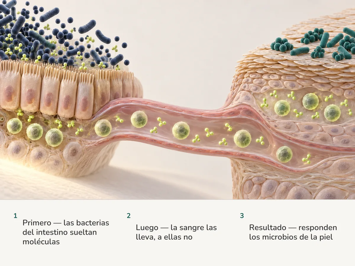 Ilustración: las bacterias del intestino se quedan donde están mientras moléculas de color lima y células de defensa de la mucosa viajan por la sangre hasta la superficie de la piel y sus propios microbios