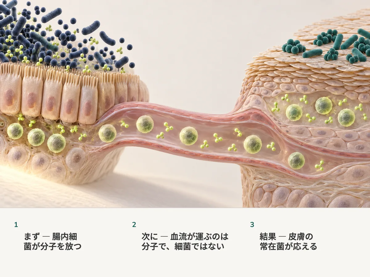 イラスト：腸内細菌はその場にとどまり、腸粘膜から出たライム色の分子と免疫細胞が血流に乗って皮膚の表面とそこにすむ細菌のもとへ向かう