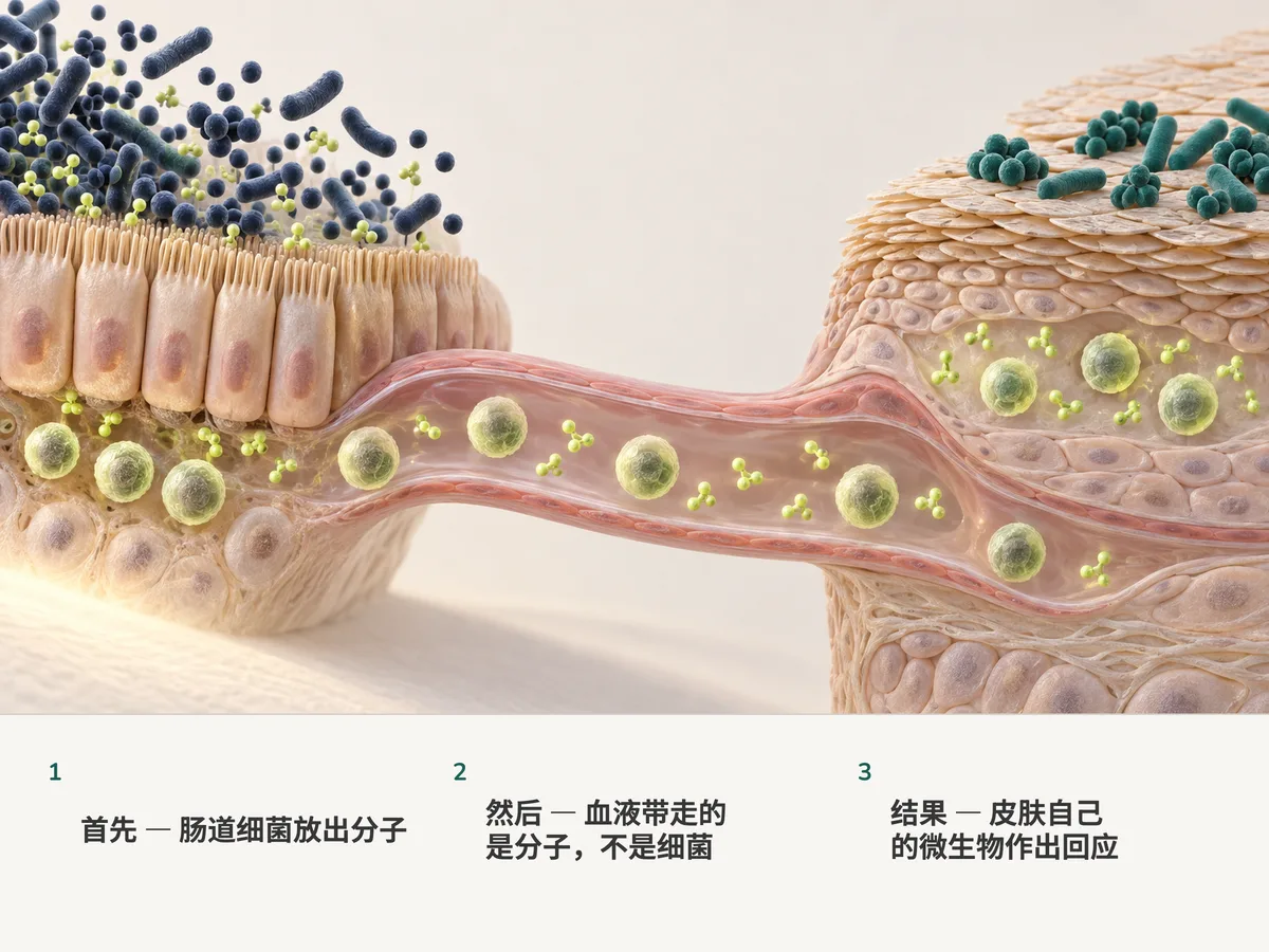 插图：肠道细菌留在原处，青柠色的分子和来自肠黏膜的免疫细胞随血流抵达皮肤表面和那里的微生物
