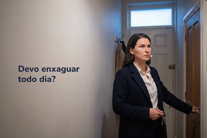 Devo enxaguar todo dia? — uma mulher para no corredor de casa, casaco pela metade, pouco depois das oito