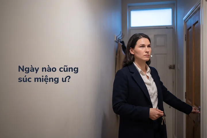 Ngày nào cũng súc miệng ư? — một phụ nữ khựng lại ở hành lang nhà, áo khoác mặc dở, vừa qua tám giờ