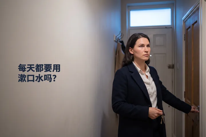 每天都要用漱口水吗？ — 八点刚过，一位女性在门厅停住，外套只穿了一半