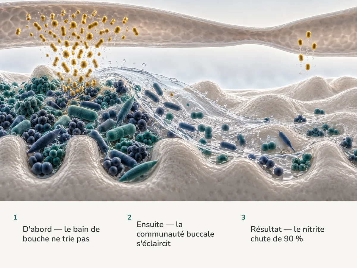 Illustration : un bain de bouche balaie le tapis bactérien mêlé de la surface de la langue, et le flot de particules qu'il envoie vers un vaisseau sanguin tombe au dixième