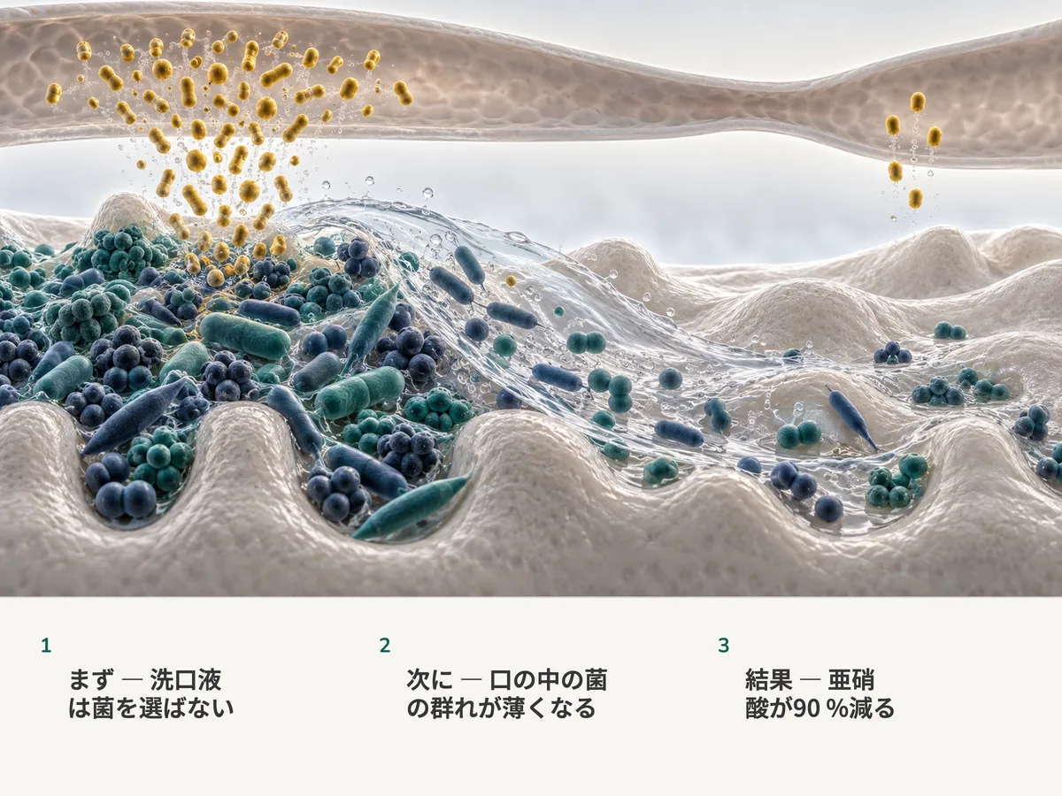 イラスト：洗口液が舌の表面の混ざり合った細菌のマットを洗い流し、血管へ向かう粒子の流れが十分の一に細る
