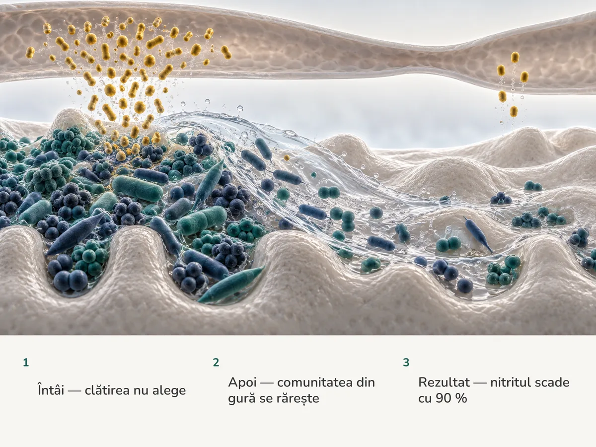 Ilustrație: clătirea mătură covorul bacterian amestecat de pe suprafața limbii, iar șuvoiul de particule pe care îl trimite spre un vas de sânge scade la a zecea parte