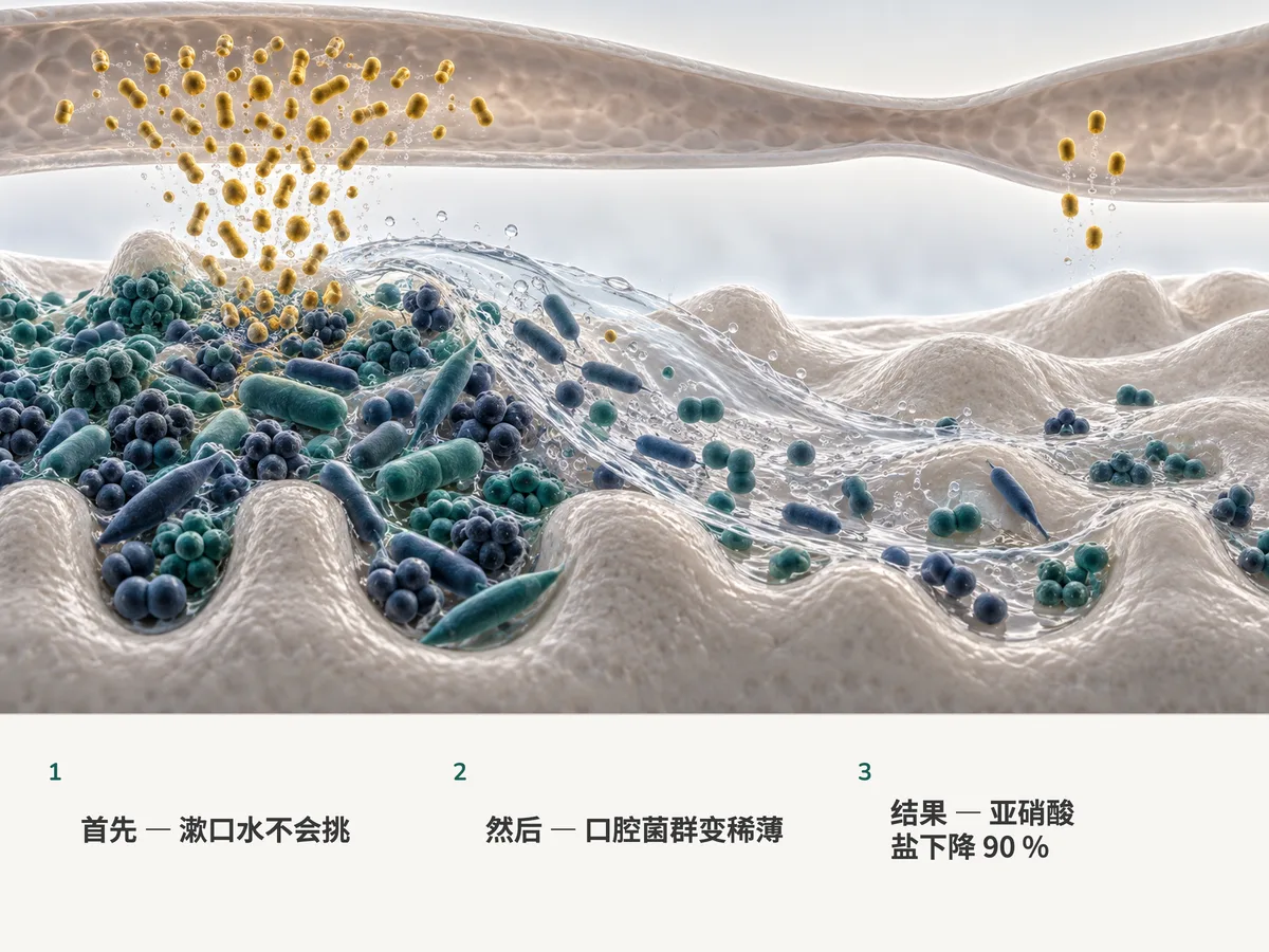 插图:漱口水扫过舌面上混杂的菌毯,它送往血管的颗粒流量降到十分之一