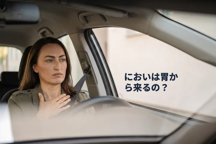 においは胃から来るの？ — 午前なかば、停めた車の中で女性が手のひらをおなかに当てている