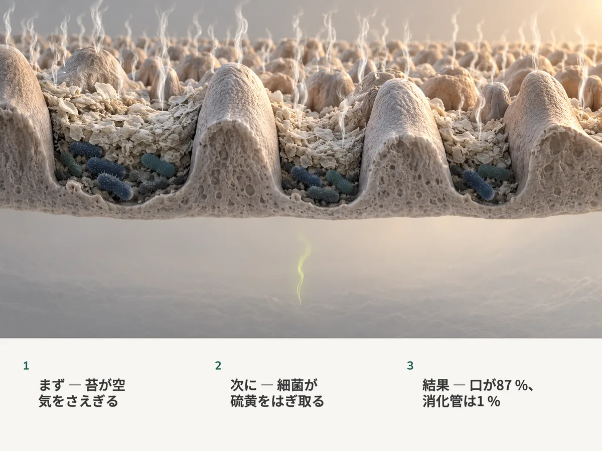 イラスト:舌の奥の苔にいる細菌から硫黄のガスがいくつも立ちのぼり、その下の深いところからは細い煙がひと筋だけのぼる