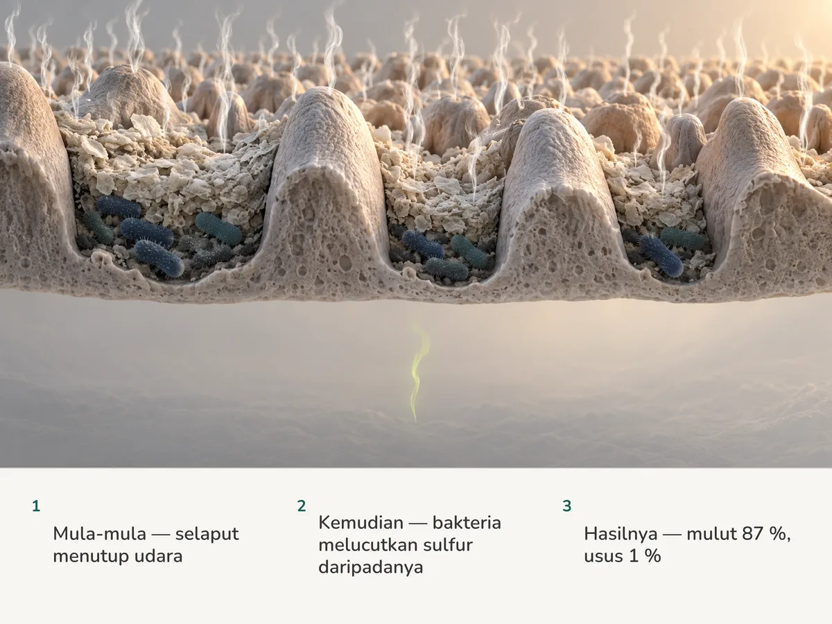 Ilustrasi: sekumpulan kepulan gas sulfur naik daripada bakteria dalam selaput di pangkal lidah, sementara satu kepulan nipis naik dari kedalaman di bawah