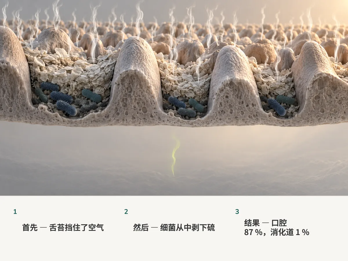 插图:一大片硫化气体的羽流从舌根舌苔里的细菌上升起,而从更深处只升起细细的一缕