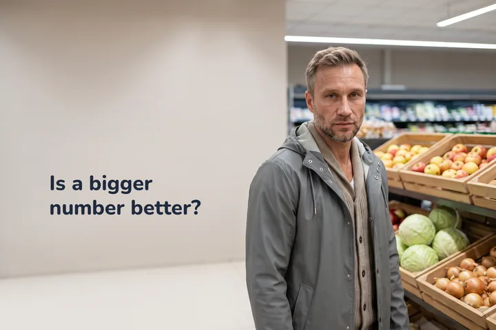 Is a bigger number better? — a man empty-handed in the produce aisle late in the morning