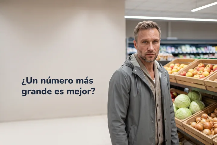 ¿Un número más grande es mejor? — un hombre con las manos vacías en el pasillo de frutas y verduras al final de la mañana