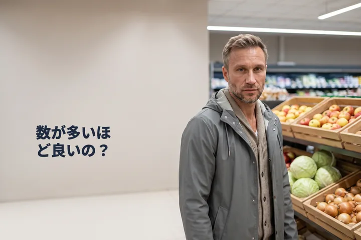 数が多いほど良いの? — 午前遅く、男性が手ぶらで青果売り場に立っている