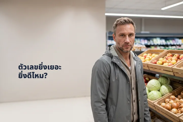 ตัวเลขยิ่งเยอะยิ่งดีไหม? — ผู้ชายยืนมือเปล่ากลางชั้นผักสดตอนสายแก่
