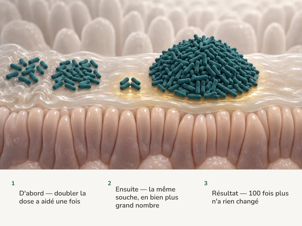 Illustration : des bactéries probiotiques en bâtonnet sur le mucus intestinal ; un groupe deux fois plus nombreux laisse la muqueuse plus calme, mais une foule cent fois plus grande ne change rien