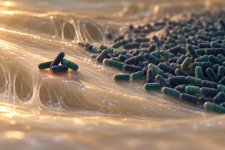 Illustration: a small cluster of rod-shaped bacteria beside a crowd of the same rods a hundred times larger, on smooth mucus