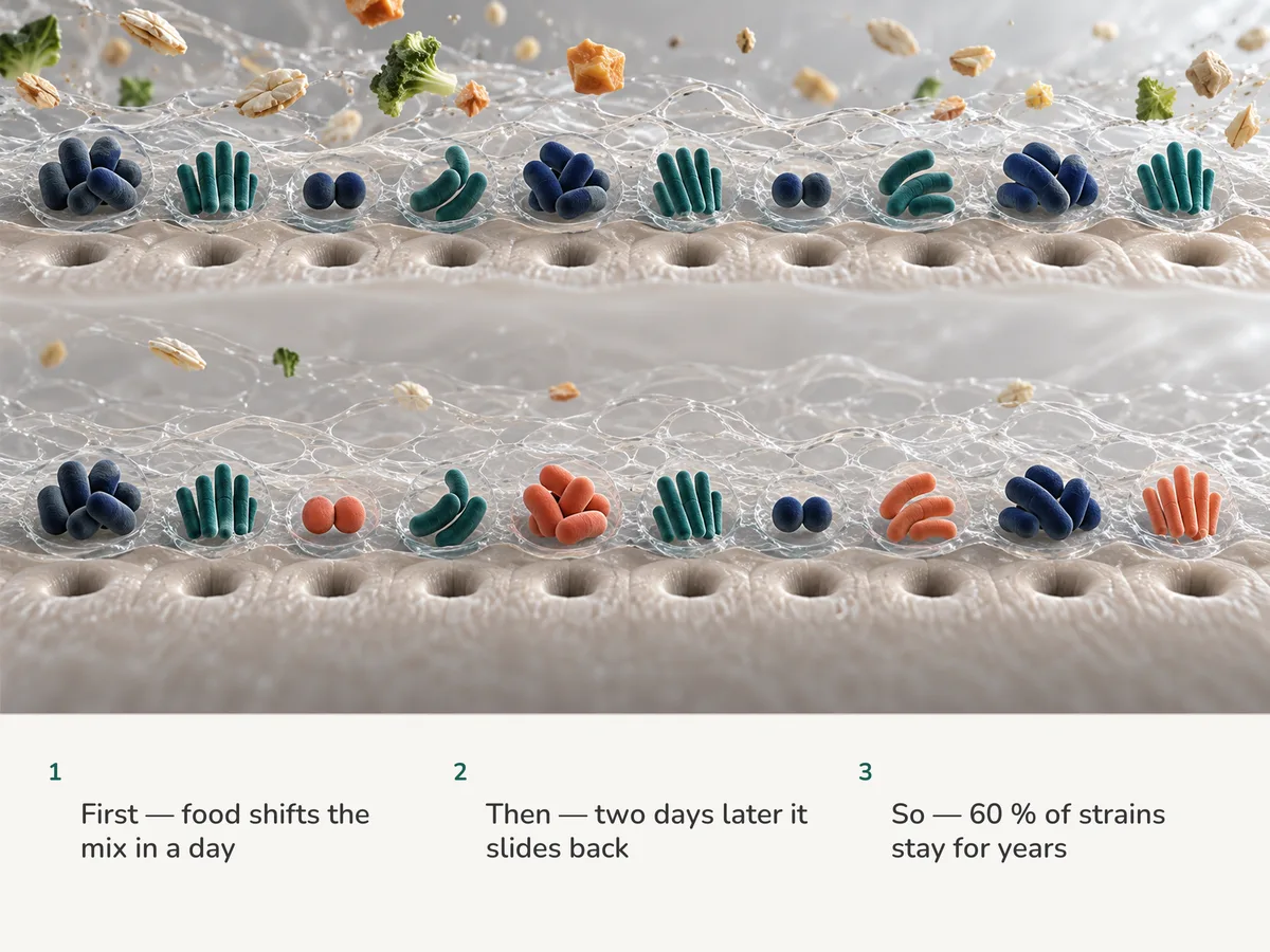 Illustration: two rows of ten gut bacteria groups in the mucus as food drifts in; in the later row six groups are unchanged and four are replaced by newcomers